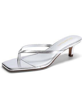 Women's Flip Flop Low Heels Silver Square Open Toe Sandals Thong Heeled Sandals